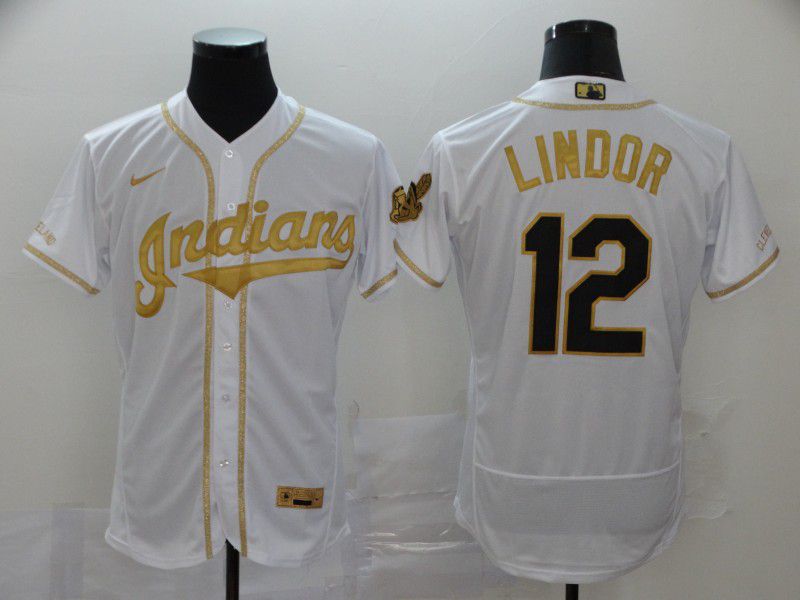 Men Cleveland Indians 12 Lindor White Retro gold character Nike Elite MLB Jerseys